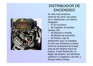 DISTRIBUIDOR DE
ENCENDIDOENCENDIDO
En esta vista podemos
observar de cerca, las partes
de un distribuidor, con bobina
Integrada:
• #1 Es la bobina;#1 Es la bobina;
• #2 Captador de señales
(pickup coil)
• #3 Reluctor o estrella• #3 Reluctor o estrella.
• #4 Modulo de encendido
• #5 Flecha o eje de
distribuidor( aquí va instaladodistribuidor( aquí va instalado
el rotor que distribuye la chispa
entre los conectores de la tapa,
d llí di i i h i lpara de allí dirigirse hacia las
bujías). A este distribuidor, le
llegan del exterior, dos alambres,
positivo(+) y negativo(-) es todo, y
de aquí sale la chispa.
 