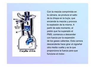 Con la mezcla comprimida en
la cámara, se produce el salto
de la chispa en la bujía quede la chispa en la bujía, que
enciende la mezcla y provoca
la explosión de la misma. A
partir de este momento, el
pistón que ha superado el
PMS, comienza a descender
con fuerza por la expansión
de los gases calientes Esta carrerade los gases calientes. Esta carrera
descendente hace girar al cigüeñal
otra media vuelta y es la que
proporciona la fuerza para que
funcione el motor.
 