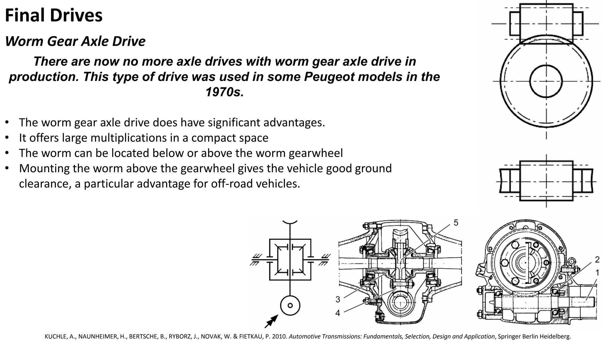 Final Drives
Worm Gear Axle Drive
There are now no more axle drives with worm gear axle drive in
production. This type of drive was used in some Peugeot models in the
1970s.
• The worm gear axle drive does have significant advantages.
• It offers large multiplications in a compact space
• The worm can be located below or above the worm gearwheel
• Mounting the worm above the gearwheel gives the vehicle good ground
clearance, a particular advantage for off-road vehicles.
KUCHLE, A., NAUNHEIMER, H., BERTSCHE, B., RYBORZ, J., NOVAK, W. & FIETKAU, P. 2010. Automotive Transmissions: Fundamentals, Selection, Design and Application, Springer Berlin Heidelberg.
 