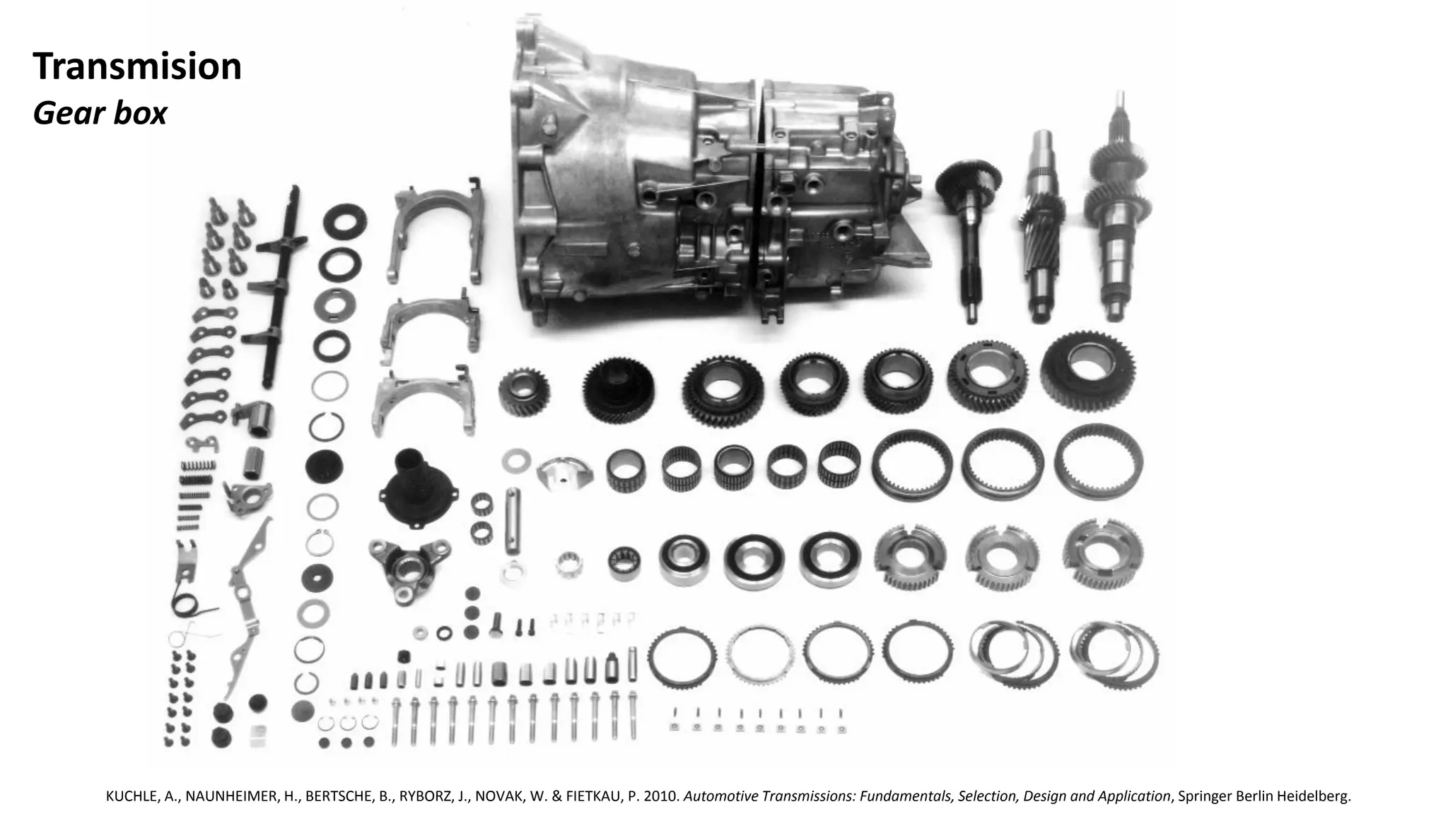 Transmision
Gear box
KUCHLE, A., NAUNHEIMER, H., BERTSCHE, B., RYBORZ, J., NOVAK, W. & FIETKAU, P. 2010. Automotive Transmissions: Fundamentals, Selection, Design and Application, Springer Berlin Heidelberg.
 