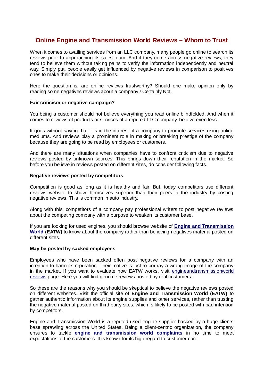 Engine and Transmission World Reviews