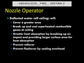 Nozzle Firefighter
 Rapid side to side or circular rotation pushes
heat, fire and steam ahead of the team (walls,
ceiling...