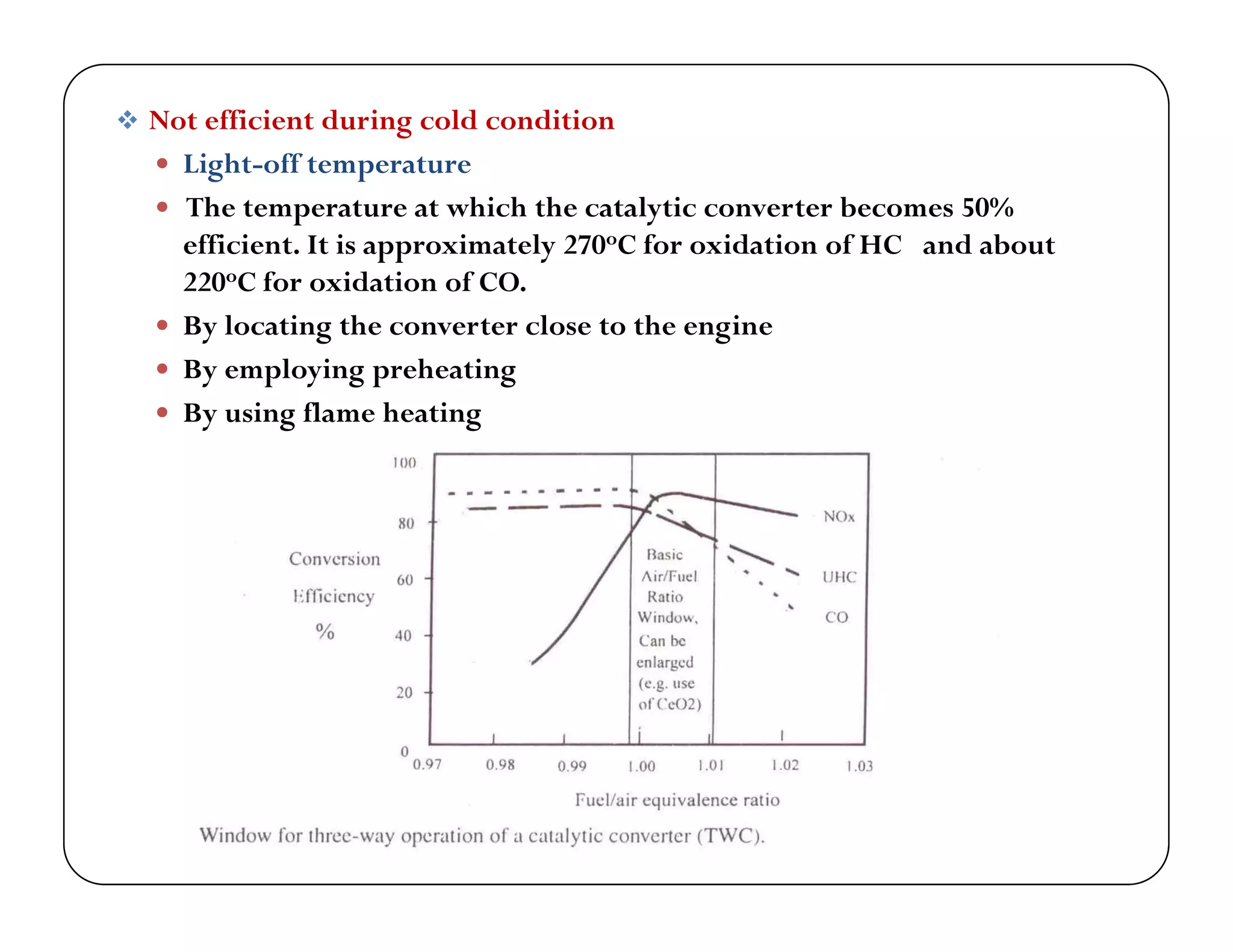  Not efficient during cold condition
 Light-off temperatureg p
 The temperature at which the catalytic converter becomes 50%
efficient. It is approximately 270oC for oxidation of HC and about
220oC for oxidation of CO.
 By locating the converter close to the engine
 By employing preheating
 By using flame heating By using flame heating
 