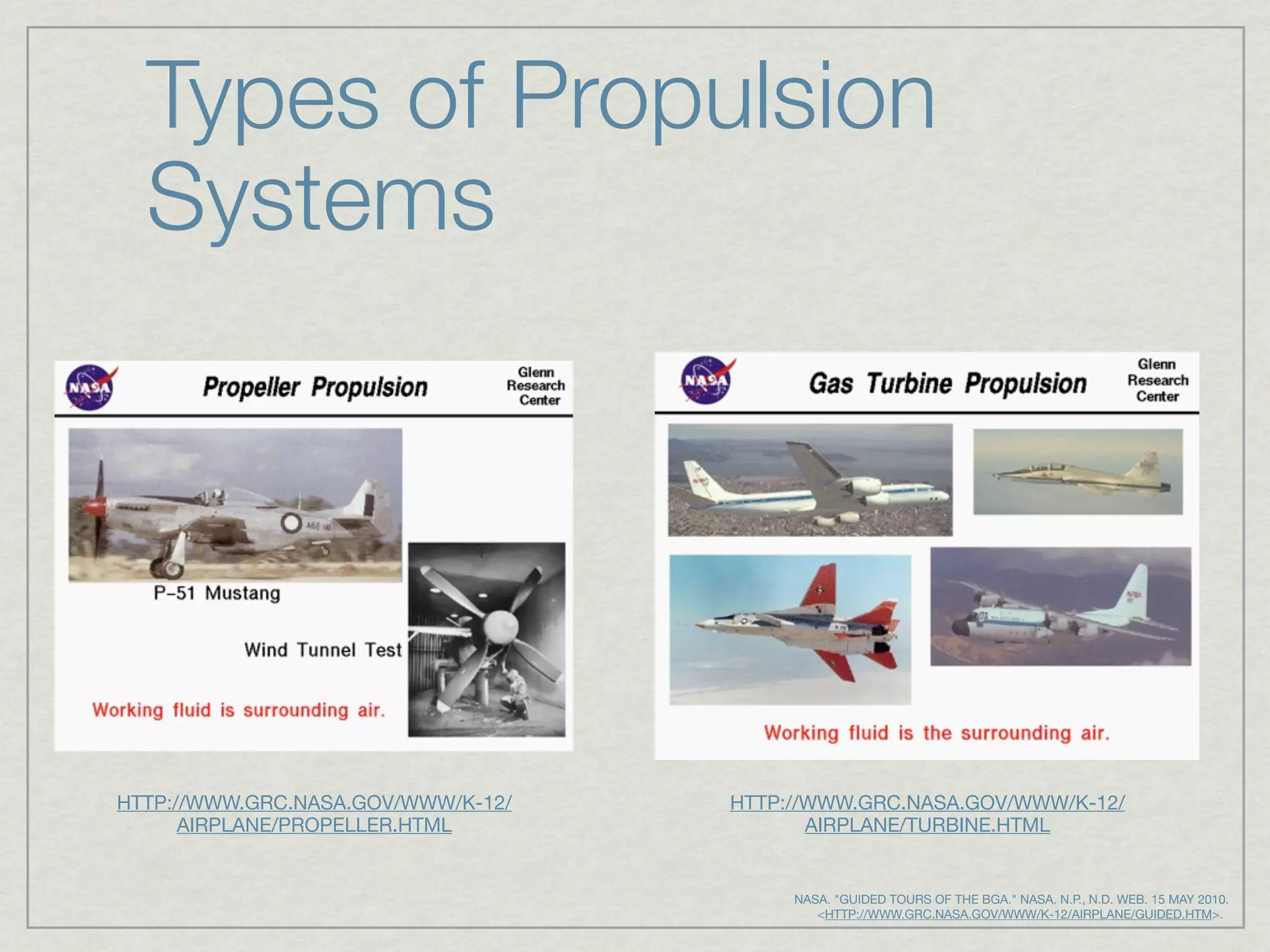 Types of Propulsion
  Systems




HTTP://WWW.GRC.NASA.GOV/WWW/K-12/   HTTP://WWW.GRC.NASA.GOV/WWW/K-12/
      AIRPLANE/PROPELLER.HTML              AIRPLANE/TURBINE.HTML


                                         NASA. "GUIDED TOURS OF THE BGA." NASA. N.P., N.D. WEB. 15 MAY 2010.
                                               <HTTP://WWW.GRC.NASA.GOV/WWW/K-12/AIRPLANE/GUIDED.HTM>.
 