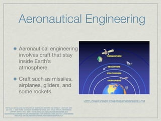 Aeronautical Engineering

                Aeronautical engineering
                involves craft that stay
                inside Earth’s
                atmosphere.

                Craft such as missiles,
                airplanes, gliders, and
                some rockets.
                                                                                  HTTP://WWW.VTAIDE.COM/PNG/ATMOSPHERE.HTM

 PATTILLO, DONALD M. DICTIONARY OF AMERICAN HISTORY. ED. STANLEY I. KUTLER. 3RD
  ED. VOL. 1. NEW YORK: CHARLES SCRIBNER’S SONS, 2003. GALE VIRTUAL REFERENCE
       LIBRARY. WEB. 2 DEC. 2009. <HTTP://FIND.GALEGROUP.COM//INFOMARK.DO?
&CONTENTSET=EBKS&TYPE=RETRIEVE&TABID=T001&PRODID=GVRL&DOCID=CX3401800082
             &SOURCE=GALE&USERGROUPNAME=KING46652&VERSION=1.0>
 
