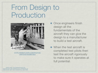 From Design to
               Production
                                                     Once engineers ﬁnish
                                                     design all the
                                                     fundamentals of the
                                                     aircraft they can give the
                                                     design to a manufacturer
                                                     to build a test aircraft.

                                                     When the test aircraft is
                                                     completed test pilots then
                     HTTP://WWW.FLICKR.COM/PHOTOS/
                           UNIT2345/4540861953/      test the aircraft rigorously
                                                     to make sure it operates at
                                                     full potential.
    DAVIES, MARK. THE STANDARD BOOK FOR
AERONAUTICAL AND ASTRONAUTICAL ENGINEERS. ED.
MARK DAVIES. NEW YORK: MCGRAW HILL, 2003. PRINT
 