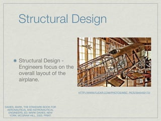 Structural Design


         Structural Design -
         Engineers focus on the
         overall layout of the
         airplane.

                                      HTTP://WWW.FLICKR.COM/PHOTOS/MSC_PICS/3945450173/




DAVIES, MARK. THE STANDARD BOOK FOR
 AERONAUTICAL AND ASTRONAUTICAL
  ENGINEERS. ED. MARK DAVIES. NEW
   YORK: MCGRAW HILL, 2003. PRINT.
 