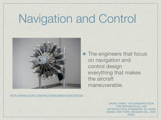 Navigation and Control

                                                    The engineers that focus
                                                    on navigation and
                                                    control design
                                                    everything that makes
                                                    the aircraft
                                                    maneuverable.
HTTP://WWW.FLICKR.COM/PHOTOS/BUSABOYS/3062765729/


                                                            DAVIES, MARK. THE STANDARD BOOK
                                                                  FOR AERONAUTICAL AND
                                                           ASTRONAUTICAL ENGINEERS. ED. MARK
                                                           DAVIES. NEW YORK: MCGRAW HILL, 2003.
                                                                          PRINT.
 