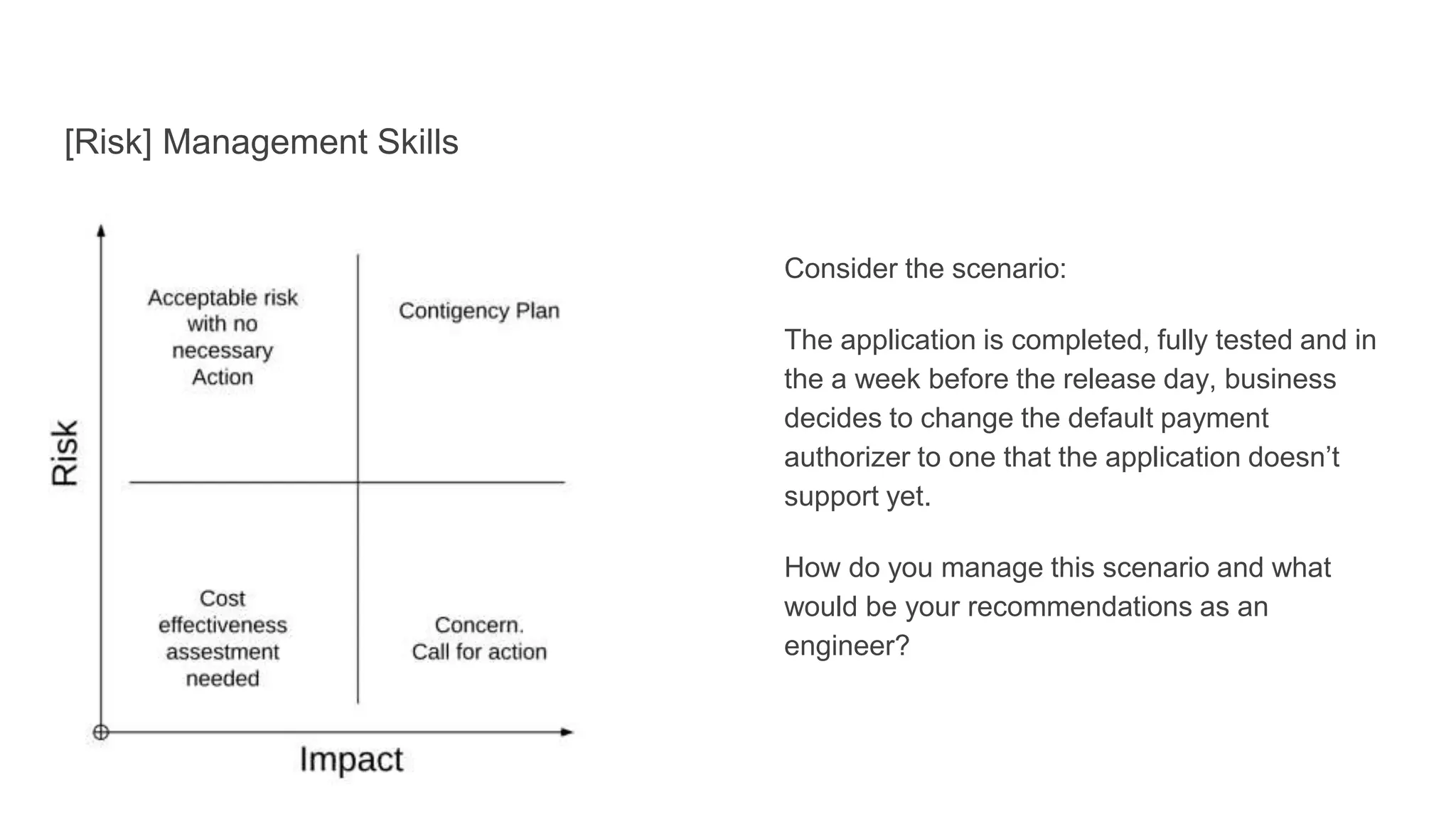 [Risk] Management Skills
Consider the scenario:
The application is completed, fully tested and in
the a week before the release day, business
decides to change the default payment
authorizer to one that the application doesn’t
support yet.
How do you manage this scenario and what
would be your recommendations as an
engineer?
 