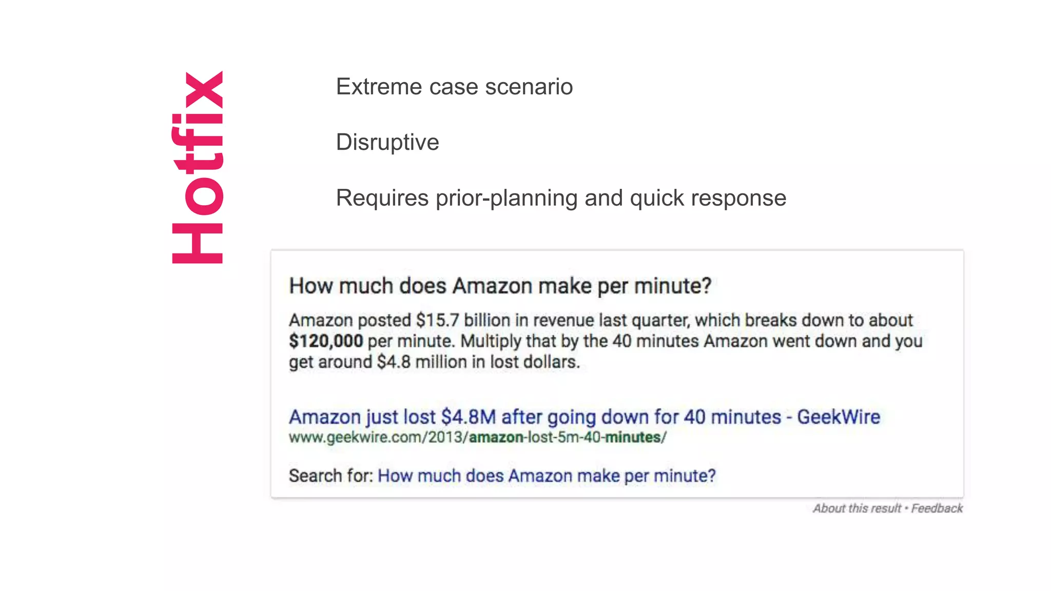 Hotfix
Extreme case scenario
Disruptive
Requires prior-planning and quick response
 