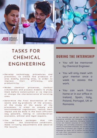 DURING THE INTERNSHIP
You will be mentored
by Chemical Engineer.
You will only meet with
your mentor once a
week to assess the
work.
You can work from
home or in our office in
Ireland, Spain, Italy,
Poland, Portugal, UK or
Romania.
D e v e l o p t e c h n o l o g y , p r o c e d u r e s a n d
p r o c e s s e s , t o c r e a t e n e w p r o d u c t s o r
a l s o m o d i f y e x i s t i n g o n e s , i n o r d e r t o
i m p r o v e t h e i r e f f i c i e n c y a n d
p r o d u c t i v i t y .
M o d e l c h e m i c a l p r o c e s s e s , c o n d u c t
s i m u l a t i o n s a n d p r o c e s s m o d e l s t o s t u d y
t h e m b e f o r e c o n s t r u c t i o n o r t o i m p r o v e
o r c h a n g e t h e c h a r a c t e r i s t i c s o f e x i s t i n g
o n e s .
D e t e r m i n e t h e f i n a l d e s t i n a t i o n o f t h e
w a s t e a n d b y - p r o d u c t s o f t h e p r o c e s s ,
o f t h e s t u d y o f t h e w a s t e o f t h e
p r o c e s s e s , i n o r d e r t o c o m p l y w i t h
e n v i r o n m e n t a l r e g u l a t i o n s , r e d u c e t h e i r
i m p a c t a n d b e d o n e i n t h e m o s t e f f i c i e n t
w a y p o s s i b l e , t a k i n g i n c o n s i d e r a t i o n
e c o n o m i c , e t h i c a l a n d l e g a l a s p e c t s .
U s e s o f t w a r e p a c k a g e s t h a t c a n
r e c r e a t e t h e i n s t a l l a t i o n c o n d i t i o n s ,
m a k e v i r t u a l l y a d j u s t m e n t s a n d o b s e r v e
t h e r e s u l t s .
TASKS FOR
CHEMICAL
ENGINEERING
In this internship you will learn about the Chemical
Engineering activities and managing industrial plants,
according to your experience, managing finances and
human and material resources of a production plant,
managing and controlling production in the chemical
industry of associated companies. You will also have the
opportunity to practice your English or other second
languages you speak. Not to mention the fact that you
will meet other international interns in graphic design
and other career fields.
 