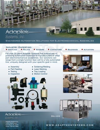 For over 20 years Adaptek Systems has specialized in
providing automation expertise to manufacturers of small
part electromechanical assemblies. Our solutions can
range from a single function lean cell to a fully automated
line, uniquely designed with your specific goal in mind.
l Assembly			 l Soldering/Welding
l Part Feeding		 l Laser Marking
l Testing			 l Tray Loading
l Inspection			 l Motion Control
Adaptek Systems,Inc.
14224 Plank Street
Fort Wayne, IN 46818
Phone 260-637-8660
W W W. A D A P T E K S Y S T E M S . C O M
Industry Expertise:
l Switches l Relays l Sensors l Contactors l Solenoids l Actuators
Engineered Automation Solutions for Electromechanical Assemblies
Design
Build
Deliver
 
