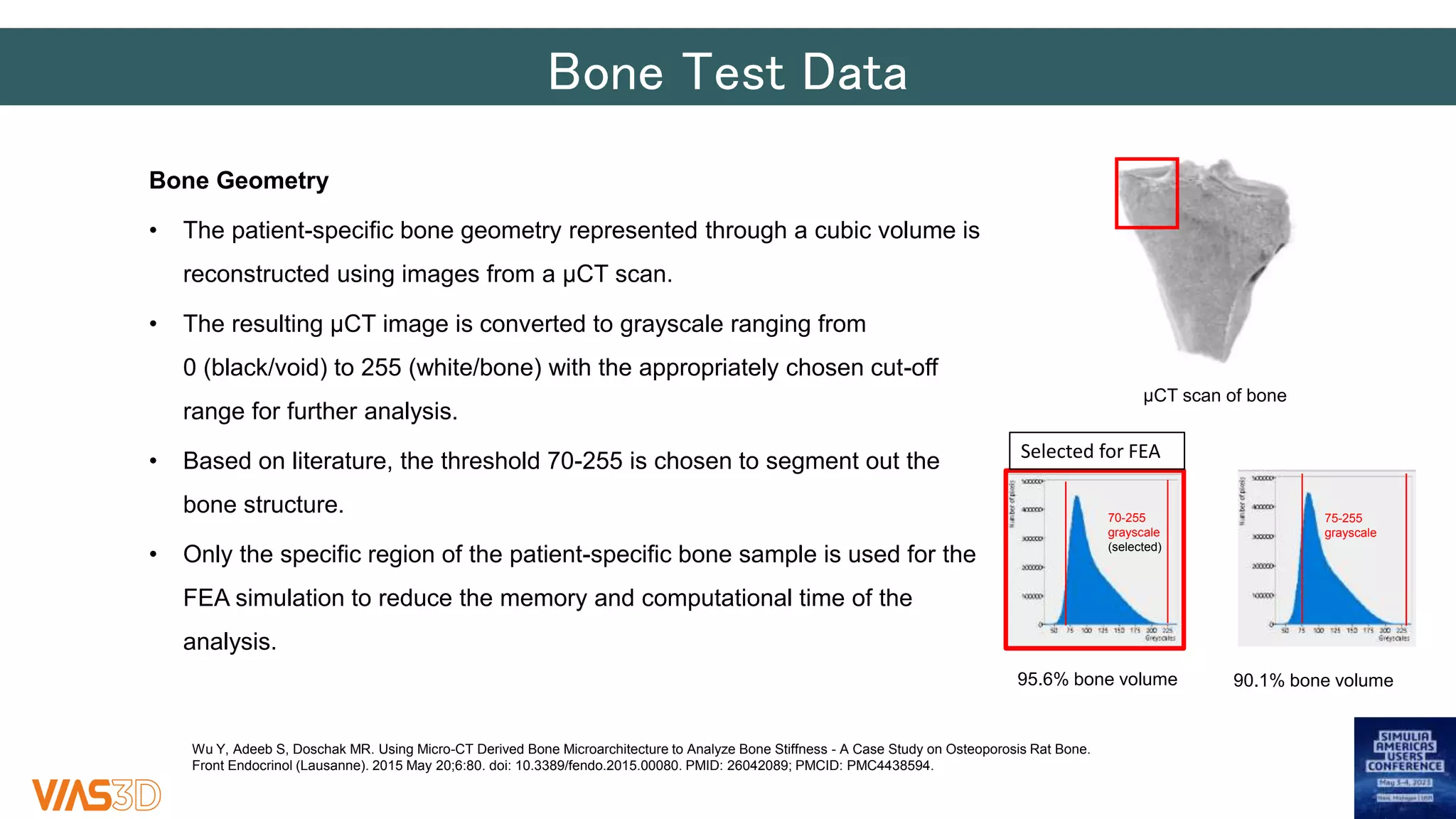 Bone Test Data
Bone Geometry
• The patient-specific bone geometry represented through a cubic volume is
reconstructed using images from a μCT scan.
• The resulting μCT image is converted to grayscale ranging from
0 (black/void) to 255 (white/bone) with the appropriately chosen cut-off
range for further analysis.
• Based on literature, the threshold 70-255 is chosen to segment out the
bone structure.
• Only the specific region of the patient-specific bone sample is used for the
FEA simulation to reduce the memory and computational time of the
analysis.​
70-255
grayscale
(selected)
95.6% bone volume
µCT scan of bone
75-255
grayscale
Selected for FEA
90.1% bone volume
Wu Y, Adeeb S, Doschak MR. Using Micro-CT Derived Bone Microarchitecture to Analyze Bone Stiffness - A Case Study on Osteoporosis Rat Bone.
Front Endocrinol (Lausanne). 2015 May 20;6:80. doi: 10.3389/fendo.2015.00080. PMID: 26042089; PMCID: PMC4438594.
 