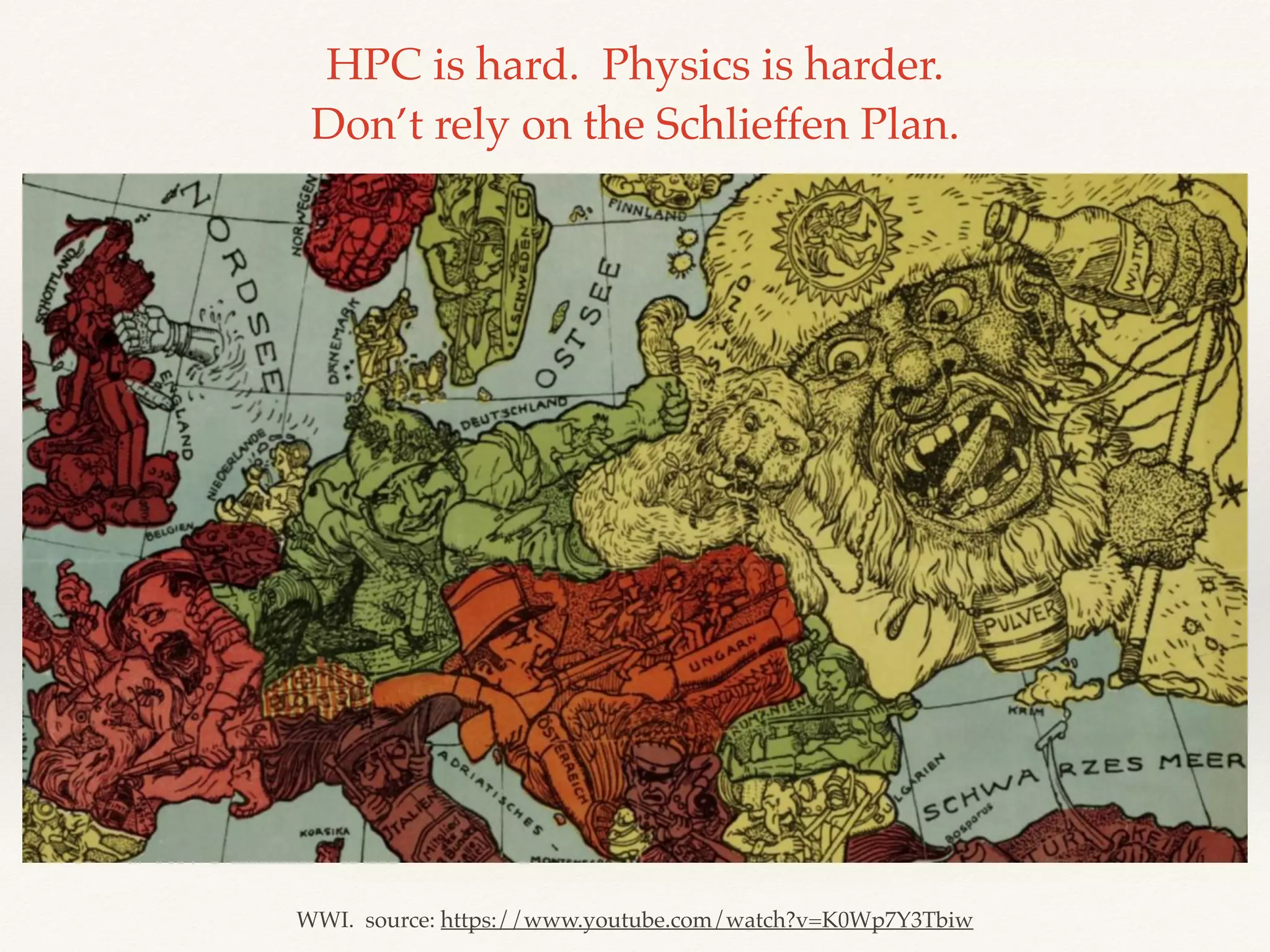 WWI. source: https://www.youtube.com/watch?v=K0Wp7Y3Tbiw
HPC is hard. Physics is harder. 
Don’t rely on the Schlieffen Plan.
 