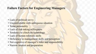 Failure Factors for Engineering Managers
• Lack of political savvy
• Uncomfortable with ambiguous situation
• Tense personality
• Lack of risk-taking willingness
• Tendency to clinch on technology
• Lack of human relations skills
• Deficiency in management skills and perception
• Not cognitive of manager’s roles and responsibility
• Narrow interest and preparation
 