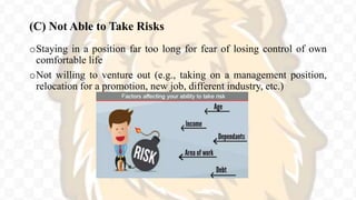 (C) Not Able to Take Risks
oStaying in a position far too long for fear of losing control of own
comfortable life
oNot willing to venture out (e.g., taking on a management position,
relocation for a promotion, new job, different industry, etc.)
 