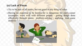 (e) Lack of Focus
oTry to be jack of all trades, but not good in any thing of value
oHaving no expertise to be known for is dangerous for one’s career
(examples: work well with different people - getting things done
effectively through teams; problem-solving – applying root cause
analysis techniques to complex problems)
 