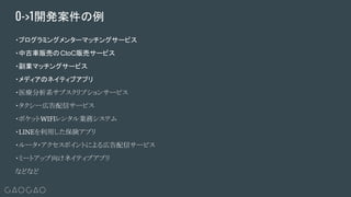 ・プログラミングメンターマッチングサービス
・中古車販売のCtoC販売サービス
・副業マッチングサービス
・メディアのネイティブアプリ
・医療分析系サブスクリプションサービス
・タクシー広告配信サービス
・ポケットWIFIレンタル業務システム
・LINEを利用した保険アプリ
・ルータ・アクセスポイントによる広告配信サービス
・ミートアップ向けネイティブアプリ
などなど
0->1開発案件の例
 