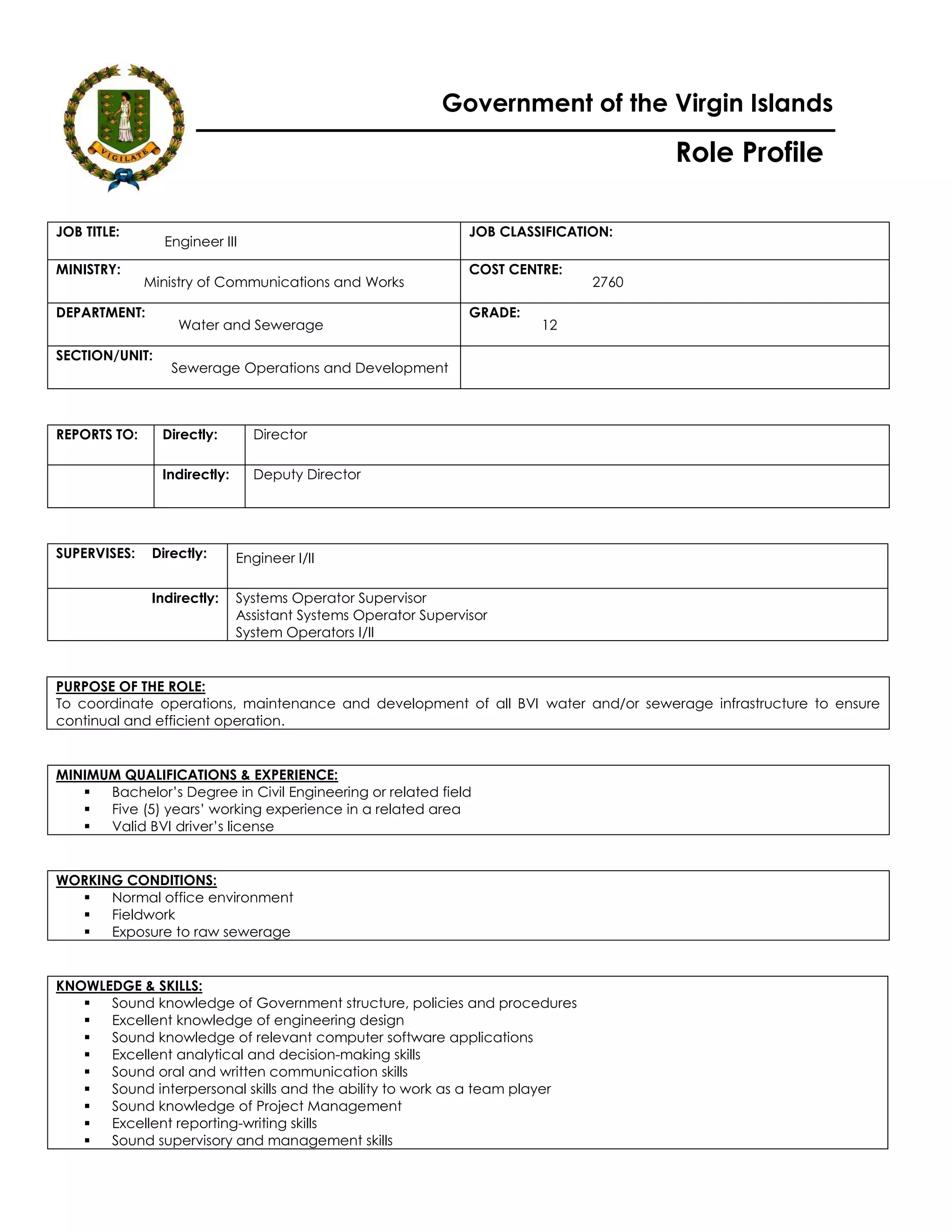British Virgin Islands Vacancy For Engineer III (sewerage) | PDF