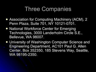 Three Companies Association for Computing Machinery (ACM), 2 Penn Plaza, Suite 701, NY 10121-0701.  National Workforce Center for Emerging Technologies, 3000 Landerholm Circle S.E., Bellevue, WA 98007. University of Washington Computer Science and Engineering Department, AC101 Paul G. Allen Center, Box 352350, 185 Stevens Way, Seattle, WA 98195-2350.  