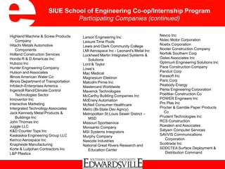 Highland Machine & Screw Products
Company
Hitachi Metals Automotive
Components
Holland Construction Services
Honda R & D Americas Inc
Hubzco Inc
Hunter Engineering Company
Hutson and Associates
Illinois American Water Co
Illinois Department of Transportation
Infotech-Enterprises America
Ingersoll Rand/Climate Control
Technologies Sector
Innoventor Inc
Interactive Marketing
Intergrated Technology Associates
Jack Kennedy Metal Products &
Buildings Inc
John Thomas Inc
Juggle LLC
K&D Counter Tops Inc
Kaskaskia Engineering Group LLC
Kemco Aerospace Inc
Knapheide Manufacturing
Korte & Luitjohan Contractors Inc
L&P Plastics
Larson Engineering Inc
Leisure Time Pools
Lewis and Clark Community College
LMI Aerospace Inc - Leonard's Metal Inc
Lockheed Martin Integrated Systems &
Solutions
Lord & Taylor
Lowe's
Mac Medical
Magnesium Elektron
Malcolm Pirnie Inc
Mastercard Worldwide
Maverick Technologies
McCarthy Building Companies Inc
McEnery Automation
McNeil Consumer Healthcare
Metro (Bi-State Dev Agncy)
Metropolitan St Louis Sewer District –
MSD
Missouri Sportservice
Monsanto Company
MSI Systems Integrators
Murphy Company
Nascote Industries
National Great Rivers Research and
Education Center
Nevco Inc
Nidec Motor Corporation
Noetix Corporation
Nooter Construction Company
Norfolk Southern Corp
Oates Associates Inc
Optimum Engineering Solutions Inc
Pace Construction Company
Panduit Corp
Parasoft Inc
Paric Corp
Peabody Energy
Penta Engineering Corporation
Poettker Construction Co
POWER Engineers Inc
Pro Plas Inc
Procter & Gamble Paper Products
Co
Prudent Technologies Inc
RCS Construction
Roeslein and Associates
Satyam Computer Services
SAVVIS Communications
Corporation
Scottrade Inc
SDDCTEA Surface Deployment &
Distribution Command
SIUE School of Engineering Co-op/Internship Program
Participating Companies (continued)
 