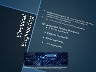 Information taken from: http://www.merriamwebster.com/dictionary/electrical%20engineering
http://en.wikipedia.org/wiki/List_of_engineering_branches
 