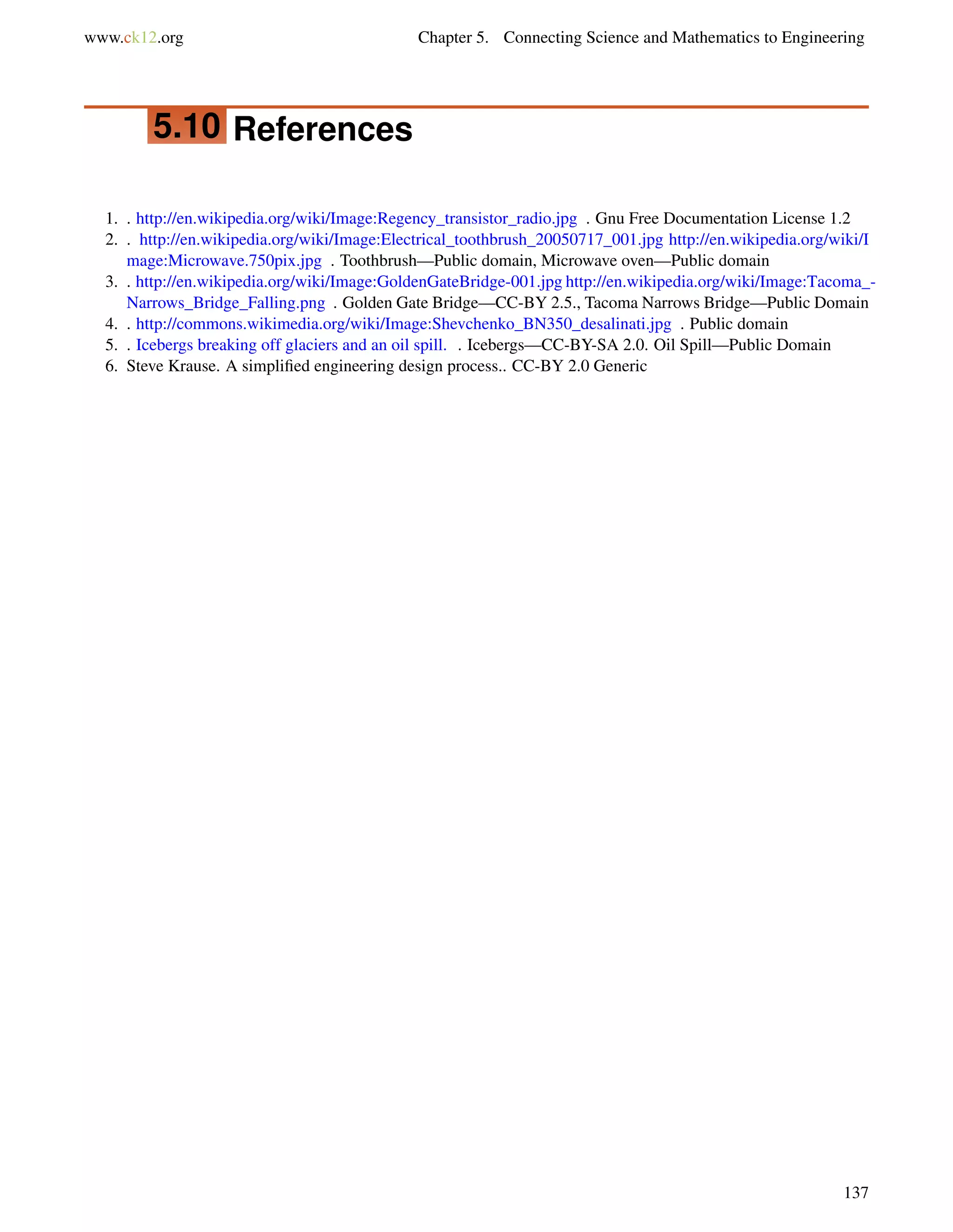 www.ck12.org Chapter 5. Connecting Science and Mathematics to Engineering
5.10 References
1. . http://en.wikipedia.org/wiki/Image:Regency_transistor_radio.jpg . Gnu Free Documentation License 1.2
2. . http://en.wikipedia.org/wiki/Image:Electrical_toothbrush_20050717_001.jpg http://en.wikipedia.org/wiki/I
mage:Microwave.750pix.jpg . Toothbrush—Public domain, Microwave oven—Public domain
3. . http://en.wikipedia.org/wiki/Image:GoldenGateBridge-001.jpg http://en.wikipedia.org/wiki/Image:Tacoma_-
Narrows_Bridge_Falling.png . Golden Gate Bridge—CC-BY 2.5., Tacoma Narrows Bridge—Public Domain
4. . http://commons.wikimedia.org/wiki/Image:Shevchenko_BN350_desalinati.jpg . Public domain
5. . Icebergs breaking off glaciers and an oil spill. . Icebergs—CC-BY-SA 2.0. Oil Spill—Public Domain
6. Steve Krause. A simpliﬁed engineering design process.. CC-BY 2.0 Generic
137
 