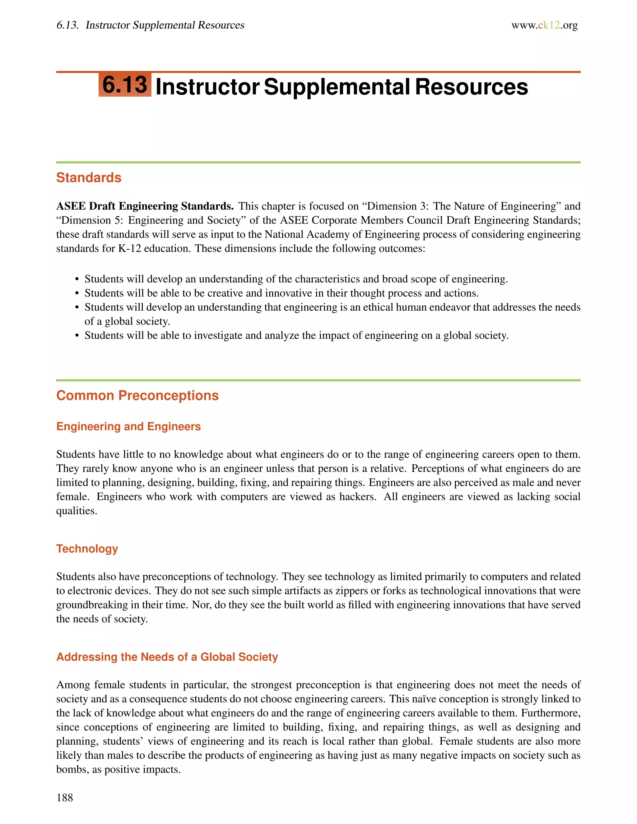 6.13. Instructor Supplemental Resources www.ck12.org
6.13 Instructor Supplemental Resources
Standards
ASEE Draft Engineering Standards. This chapter is focused on “Dimension 3: The Nature of Engineering” and
“Dimension 5: Engineering and Society” of the ASEE Corporate Members Council Draft Engineering Standards;
these draft standards will serve as input to the National Academy of Engineering process of considering engineering
standards for K-12 education. These dimensions include the following outcomes:
• Students will develop an understanding of the characteristics and broad scope of engineering.
• Students will be able to be creative and innovative in their thought process and actions.
• Students will develop an understanding that engineering is an ethical human endeavor that addresses the needs
of a global society.
• Students will be able to investigate and analyze the impact of engineering on a global society.
Common Preconceptions
Engineering and Engineers
Students have little to no knowledge about what engineers do or to the range of engineering careers open to them.
They rarely know anyone who is an engineer unless that person is a relative. Perceptions of what engineers do are
limited to planning, designing, building, ﬁxing, and repairing things. Engineers are also perceived as male and never
female. Engineers who work with computers are viewed as hackers. All engineers are viewed as lacking social
qualities.
Technology
Students also have preconceptions of technology. They see technology as limited primarily to computers and related
to electronic devices. They do not see such simple artifacts as zippers or forks as technological innovations that were
groundbreaking in their time. Nor, do they see the built world as ﬁlled with engineering innovations that have served
the needs of society.
Addressing the Needs of a Global Society
Among female students in particular, the strongest preconception is that engineering does not meet the needs of
society and as a consequence students do not choose engineering careers. This naïve conception is strongly linked to
the lack of knowledge about what engineers do and the range of engineering careers available to them. Furthermore,
since conceptions of engineering are limited to building, ﬁxing, and repairing things, as well as designing and
planning, students’ views of engineering and its reach is local rather than global. Female students are also more
likely than males to describe the products of engineering as having just as many negative impacts on society such as
bombs, as positive impacts.
188
 