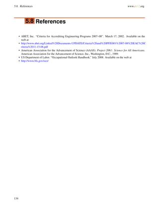 5.8. References www.ck12.org
5.8 References
• ABET, Inc. “Criteria for Accrediting Engineering Programs 2007–08”. March 17, 2002. Available on the
web at
• http://www.abet.org/Linked%20Documents-UPDATE/Criteria%20and%20PP/E001%2007-08%20EAC%20C
riteria%2011-15-06.pdf
• American Association for the Advancement of Science (AAAS). Project 2061: Science for All Americans.
American Association for the Advancement of Science, Inc., Washington, D.C., 1989.
• US Department of Labor. “Occupational Outlook Handbook.” July 2008. Available on the web at
• http://www.bls.gov/oco/
134
 