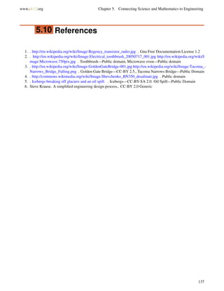 www.ck12.org Chapter 5. Connecting Science and Mathematics to Engineering
5.10 References
1. . http://en.wikipedia.org/wiki/Image:Regency_transistor_radio.jpg . Gnu Free Documentation License 1.2
2. . http://en.wikipedia.org/wiki/Image:Electrical_toothbrush_20050717_001.jpg http://en.wikipedia.org/wiki/I
mage:Microwave.750pix.jpg . Toothbrush—Public domain, Microwave oven—Public domain
3. . http://en.wikipedia.org/wiki/Image:GoldenGateBridge-001.jpg http://en.wikipedia.org/wiki/Image:Tacoma_-
Narrows_Bridge_Falling.png . Golden Gate Bridge—CC-BY 2.5., Tacoma Narrows Bridge—Public Domain
4. . http://commons.wikimedia.org/wiki/Image:Shevchenko_BN350_desalinati.jpg . Public domain
5. . Icebergs breaking off glaciers and an oil spill. . Icebergs—CC-BY-SA 2.0. Oil Spill—Public Domain
6. Steve Krause. A simpliﬁed engineering design process.. CC-BY 2.0 Generic
137
 