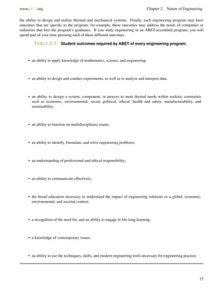 www.ck12.org Chapter 2. Nature of Engineering
the ability to design and realize thermal and mechanical systems. Finally, each engineering program may have
outcomes that are speciﬁc to the program; for example, these outcomes may address the needs of companies or
industries that hire the program’s graduates. If you study engineering in an ABET-accredited program, you will
spend part of your time pursuing each of these different outcomes.
TABLE 2.1: Student outcomes required by ABET of every engineering program.
• an ability to apply knowledge of mathematics, science, and engineering;
• an ability to design and conduct experiments, as well as to analyze and interpret data;
• an ability to design a system, component, or process to meet desired needs within realistic constraints
such as economic, environmental, social, political, ethical, health and safety, manufacturability, and
sustainability;
• an ability to function on multidisciplinary teams;
• an ability to identify, formulate, and solve engineering problems;
• an understanding of professional and ethical responsibility;
• an ability to communicate effectively;
• the broad education necessary to understand the impact of engineering solutions in a global, economic,
environmental, and societal context;
• a recognition of the need for, and an ability to engage in life-long learning;
• a knowledge of contemporary issues;
• an ability to use the techniques, skills, and modern engineering tools necessary for engineering practice.
15
 