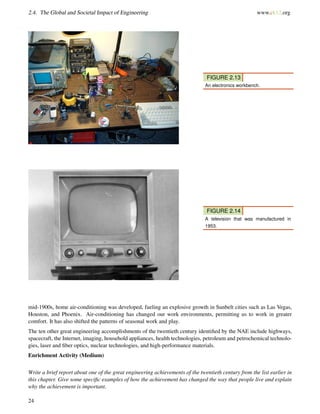 2.4. The Global and Societal Impact of Engineering www.ck12.org
FIGURE 2.13
An electronics workbench.
FIGURE 2.14
A television that was manufactured in
1953.
mid-1900s, home air-conditioning was developed, fueling an explosive growth in Sunbelt cities such as Las Vegas,
Houston, and Phoenix. Air-conditioning has changed our work environments, permitting us to work in greater
comfort. It has also shifted the patterns of seasonal work and play.
The ten other great engineering accomplishments of the twentieth century identiﬁed by the NAE include highways,
spacecraft, the Internet, imaging, household appliances, health technologies, petroleum and petrochemical technolo-
gies, laser and ﬁber optics, nuclear technologies, and high-performance materials.
Enrichment Activity (Medium)
Write a brief report about one of the great engineering achievements of the twentieth century from the list earlier in
this chapter. Give some speciﬁc examples of how the achievement has changed the way that people live and explain
why the achievement is important.
24
 