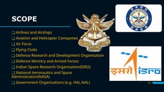SCOPE
10
❑ Airlines and Airships
❑ Aviation and Helicopter Companies
❑ Air Force
❑ Flying Clubs
❑ Defence Research and Development Organisation
❑ Defence Ministry and Armed Forces
❑ Indian Space Research Organisation(ISRO)
❑ National Aeronautics and Space
Administration(NASA)
❑ Government Organisations (e.g. HAL,NAL)
 