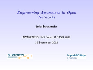 Engineering Awareness in Open
          Networks

          Julia Schaumeier


  AWARENESS PhD Forum @ SASO 2012
          10 September 2012
 