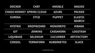DOCKER CHEF ANSIBLE NAGIOS
CHAOS MONKEY SPRING CLOUD AZURE PACKER
EUREKA ETCD PUPPET ELASTIC
SEARCH
HYSTRIX DROPWIZARD MONOREPO KIBANA
GIT JENKINS CASSANDRA LOGSTASH
LIQUIBASE SELENIUM CUCUMBER ARTIFACTORY
CONSOL TERRAFORM KUBERNETES SLACK
© J. Michael McGarr, 2018
 