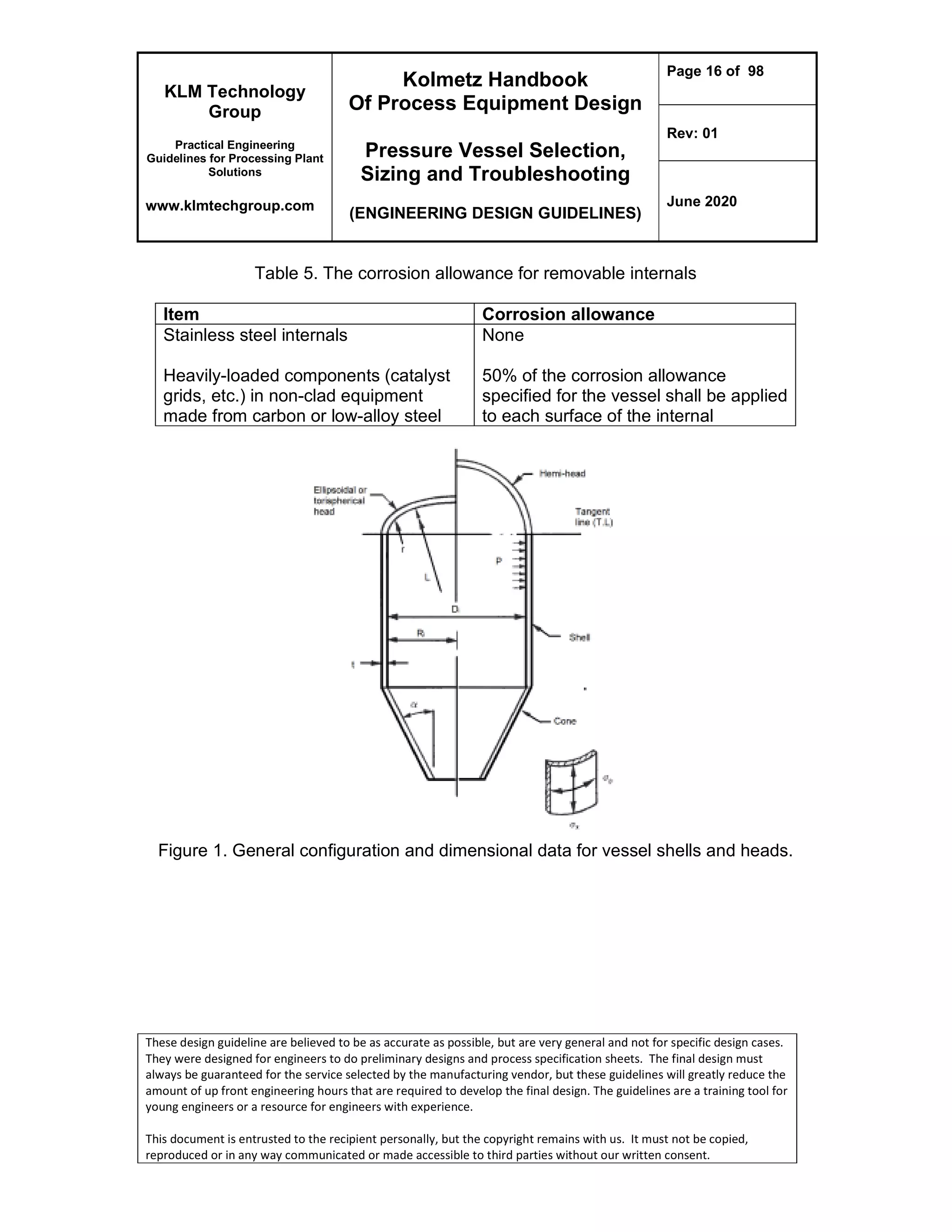 KLM Technology
Group
Practical Engineering
Guidelines for Processing Plant
Solutions
www.klmtechgroup.com
Kolmetz Handbook
Of Process Equipment Design
Pressure Vessel Selection,
Sizing and Troubleshooting
(ENGINEERING DESIGN GUIDELINES)
Page 16 of 98
Rev: 01
June 2020
These design guideline are believed to be as accurate as possible, but are very general and not for specific design cases.
They were designed for engineers to do preliminary designs and process specification sheets. The final design must
always be guaranteed for the service selected by the manufacturing vendor, but these guidelines will greatly reduce the
amount of up front engineering hours that are required to develop the final design. The guidelines are a training tool for
young engineers or a resource for engineers with experience.
This document is entrusted to the recipient personally, but the copyright remains with us. It must not be copied,
reproduced or in any way communicated or made accessible to third parties without our written consent.
Table 5. The corrosion allowance for removable internals
Item Corrosion allowance
Stainless steel internals
Heavily-loaded components (catalyst
grids, etc.) in non-clad equipment
made from carbon or low-alloy steel
None
50% of the corrosion allowance
specified for the vessel shall be applied
to each surface of the internal
Figure 1. General configuration and dimensional data for vessel shells and heads.
 