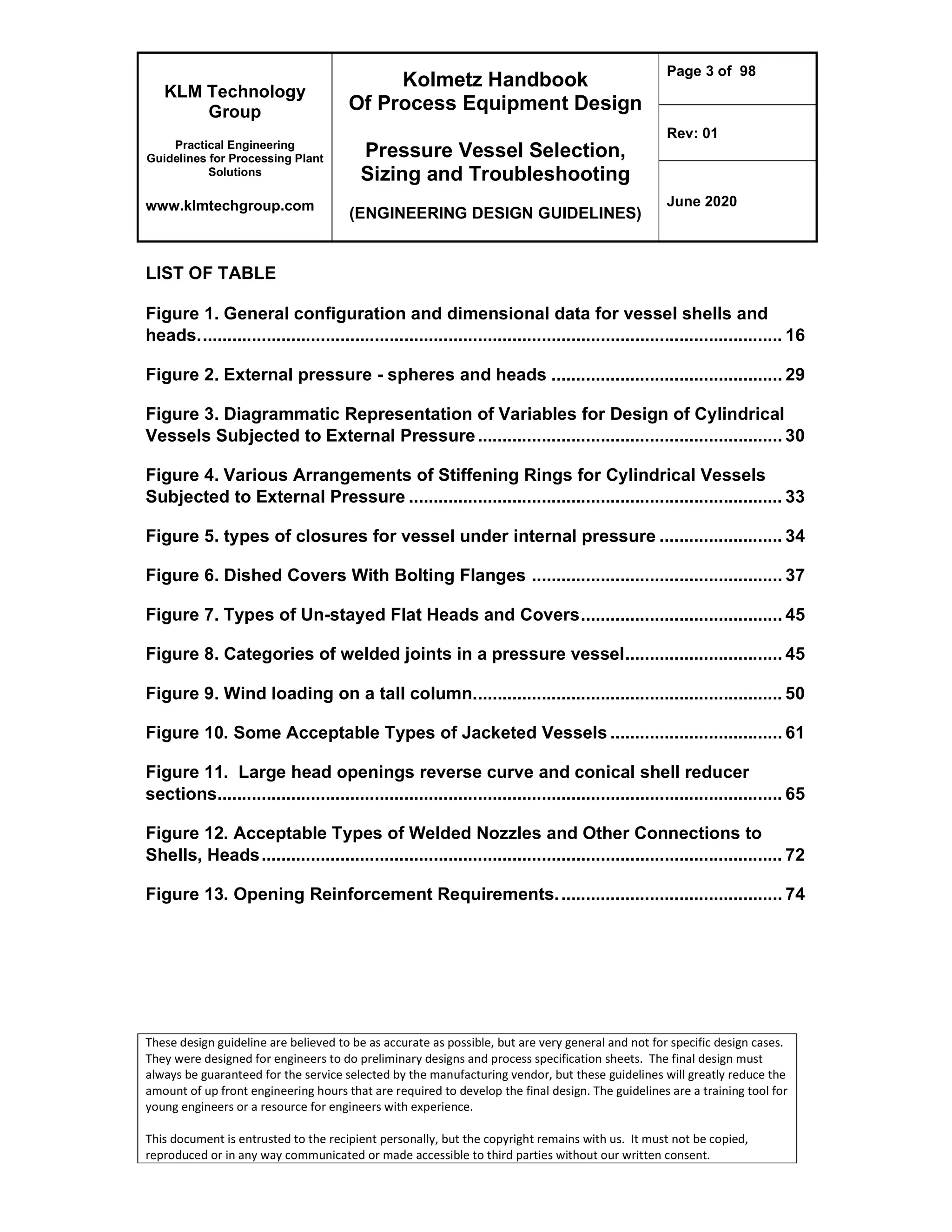 KLM Technology
Group
Practical Engineering
Guidelines for Processing Plant
Solutions
www.klmtechgroup.com
Kolmetz Handbook
Of Process Equipment Design
Pressure Vessel Selection,
Sizing and Troubleshooting
(ENGINEERING DESIGN GUIDELINES)
Page 3 of 98
Rev: 01
June 2020
These design guideline are believed to be as accurate as possible, but are very general and not for specific design cases.
They were designed for engineers to do preliminary designs and process specification sheets. The final design must
always be guaranteed for the service selected by the manufacturing vendor, but these guidelines will greatly reduce the
amount of up front engineering hours that are required to develop the final design. The guidelines are a training tool for
young engineers or a resource for engineers with experience.
This document is entrusted to the recipient personally, but the copyright remains with us. It must not be copied,
reproduced or in any way communicated or made accessible to third parties without our written consent.
LIST OF TABLE
Figure 1. General configuration and dimensional data for vessel shells and
heads....................................................................................................................... 16
Figure 2. External pressure - spheres and heads ............................................... 29
Figure 3. Diagrammatic Representation of Variables for Design of Cylindrical
Vessels Subjected to External Pressure.............................................................. 30
Figure 4. Various Arrangements of Stiffening Rings for Cylindrical Vessels
Subjected to External Pressure ............................................................................ 33
Figure 5. types of closures for vessel under internal pressure ......................... 34
Figure 6. Dished Covers With Bolting Flanges ................................................... 37
Figure 7. Types of Un-stayed Flat Heads and Covers......................................... 45
Figure 8. Categories of welded joints in a pressure vessel................................ 45
Figure 9. Wind loading on a tall column............................................................... 50
Figure 10. Some Acceptable Types of Jacketed Vessels ................................... 61
Figure 11. Large head openings reverse curve and conical shell reducer
sections................................................................................................................... 65
Figure 12. Acceptable Types of Welded Nozzles and Other Connections to
Shells, Heads.......................................................................................................... 72
Figure 13. Opening Reinforcement Requirements.............................................. 74
 