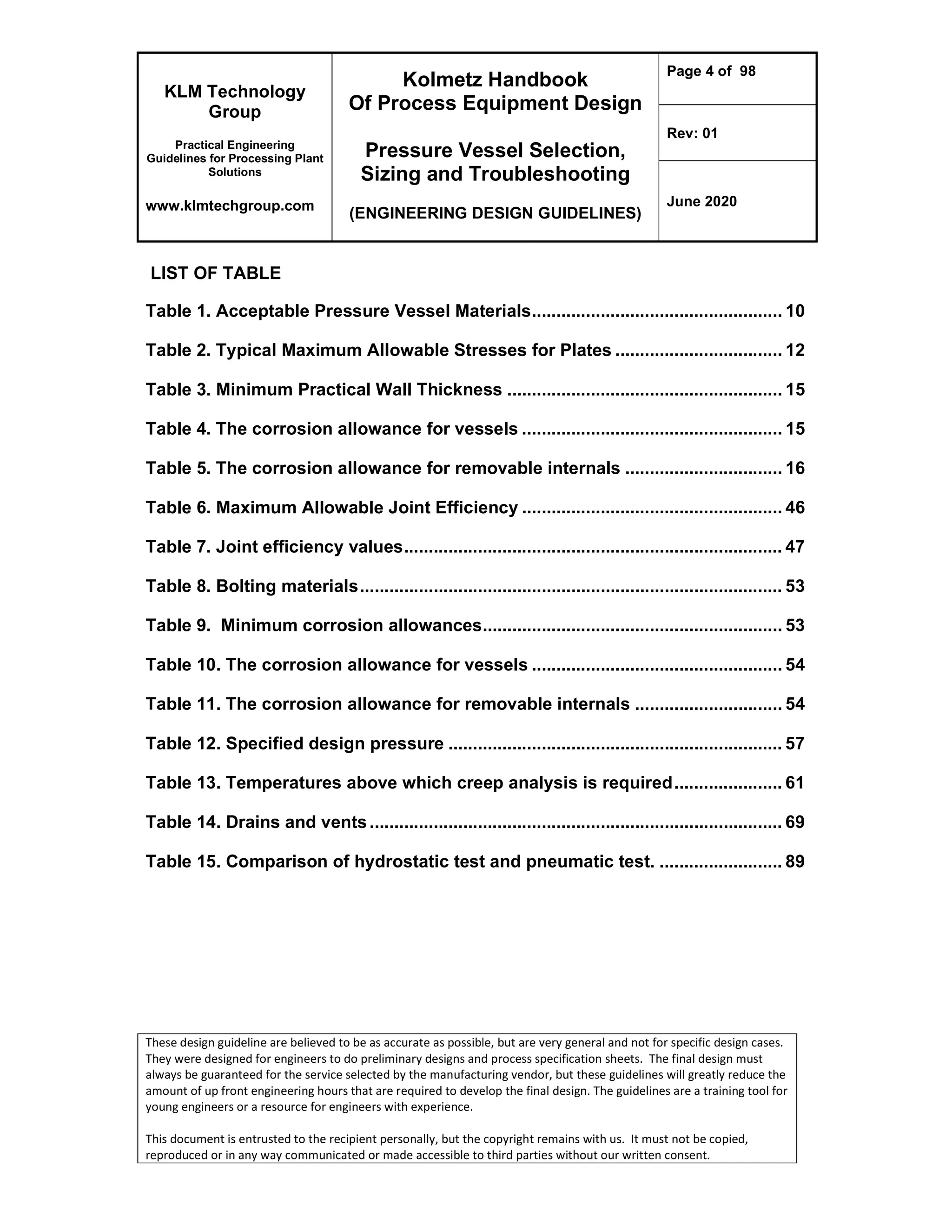 KLM Technology
Group
Practical Engineering
Guidelines for Processing Plant
Solutions
www.klmtechgroup.com
Kolmetz Handbook
Of Process Equipment Design
Pressure Vessel Selection,
Sizing and Troubleshooting
(ENGINEERING DESIGN GUIDELINES)
Page 4 of 98
Rev: 01
June 2020
These design guideline are believed to be as accurate as possible, but are very general and not for specific design cases.
They were designed for engineers to do preliminary designs and process specification sheets. The final design must
always be guaranteed for the service selected by the manufacturing vendor, but these guidelines will greatly reduce the
amount of up front engineering hours that are required to develop the final design. The guidelines are a training tool for
young engineers or a resource for engineers with experience.
This document is entrusted to the recipient personally, but the copyright remains with us. It must not be copied,
reproduced or in any way communicated or made accessible to third parties without our written consent.
LIST OF TABLE
Table 1. Acceptable Pressure Vessel Materials................................................... 10
Table 2. Typical Maximum Allowable Stresses for Plates .................................. 12
Table 3. Minimum Practical Wall Thickness ........................................................ 15
Table 4. The corrosion allowance for vessels ..................................................... 15
Table 5. The corrosion allowance for removable internals ................................ 16
Table 6. Maximum Allowable Joint Efficiency ..................................................... 46
Table 7. Joint efficiency values............................................................................. 47
Table 8. Bolting materials...................................................................................... 53
Table 9. Minimum corrosion allowances............................................................. 53
Table 10. The corrosion allowance for vessels ................................................... 54
Table 11. The corrosion allowance for removable internals .............................. 54
Table 12. Specified design pressure .................................................................... 57
Table 13. Temperatures above which creep analysis is required...................... 61
Table 14. Drains and vents.................................................................................... 69
Table 15. Comparison of hydrostatic test and pneumatic test. ......................... 89
 