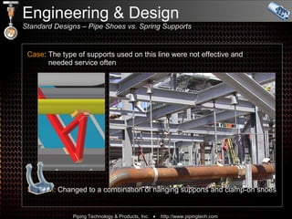 Engineering & Design  Standard Designs – Pipe Shoes vs. Spring Supports Case : The type of supports used on this line were not effective and    needed service often Solution : Changed to a combination of hanging supports and clamp-on shoes 