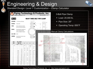 Engineering & Design  Standard Design: Level 1 Customization – Clamp Calculator  Manual Clamp Calculations 3-Bolt Pipe Clamp Load: 20,000 lb.  Pipe Size: 20&quot; Operating Temp: 650 °F 