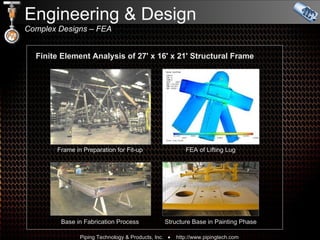 Engineering & Design Complex Designs – FEA Finite Element Analysis of 27' x 16' x 21 '  Structural Frame Frame in Preparation for Fit-up FEA of Lifting Lug Base in Fabrication Process Structure Base in Painting Phase 