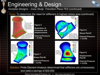 Engineering & Design    Complex Designs – Case Study: Transition Piece FEA (continued) Case : To determine the need for stiffeners in highest stress area (continued) Figure 5 Illustration of Pressures and Displacements External Pressure   = 15 PSI Figure 6 Stress Plot #1 External Pressure   = 15 PSI Figure 7 Stress Plot #2 External Pressure   = 15 PSI Figure 8 Displacement  Plot #2 External Pressure   = 15 PSI Solution : Finite Element Analysis determined that stiffeners are unnecessary   and yield a savings of $30,000  
