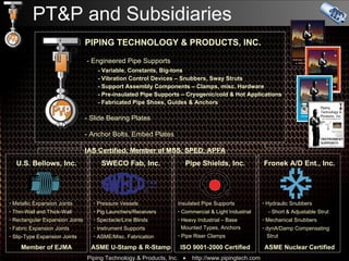 PT&P and Subsidiaries U.S. Bellows, Inc.    Metallic Expansion Joints    Thin-Wall and Thick-Wall    Rectangular Expansion Joints    Fabric Expansion Joints    Slip-Type Expansion Joints PIPING TECHNOLOGY & PRODUCTS, INC. - Engineered Pipe Supports - Variable, Constants, Big-tons   - Vibration Control Devices – Snubbers, Sway Struts   - Support Assembly Components – Clamps, misc. Hardware   - Pre-insulated Pipe Supports – Cryogenic/cold & Hot Applications    - Fabricated Pipe Shoes, Guides & Anchors - Slide Bearing Plates - Anchor Bolts, Embed Plates IAS Certified, Member of MSS, SPED, APFA Member of EJMA SWECO Fab, Inc.    Pressure Vessels    Pig Launchers/Receivers    Spectacle/Line Blinds    Instrument Supports    ASME/Misc. Fabrication ASME U-Stamp & R-Stamp Pipe Shields, Inc. Insulated Pipe Supports    Commercial & Light Industrial    Heavy Industrial – Base    Mounted Types, Anchors    Pipe Riser Clamps ISO 9001-2000 Certified Fronek A/D Ent., Inc.    Hydraulic Snubbers - Short & Adjustable Strut    Mechanical Snubbers    dynA/Damp Compensating   Strut ASME Nuclear Certified 