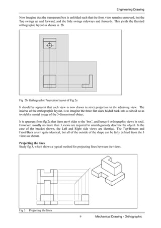 Engineering Drawing
9 Mechanical Drawing - Orthographic
Now imagine that the transparent box is unfolded such that the front view remains unmoved, but the
Top swings up and forward, and the Side swings sideways and forwards. This yields the finished
orthographic layout as shown in 2b.
Fig 2b Orthographic Projection layout of Fig 2a
It should be apparent that each view is now drawn in strict projection to the adjoining view. The
inverse of the orthographic layout, is to imagine the three flat sides folded back into a cuboid so as
to yield a mental image of the 3-dimensional object.
It is apparent from fig 2a that there are 6 sides to the ‘box’, and hence 6 orthographic views in total.
However, usually no more than 3 views are required to unambiguously describe the object. In the
case of the bracket shown, the Left and Right side views are identical. The Top/Bottom and
Front/Back aren’t quite identical, but all of the outside of the shape can be fully defined from the 3
views as shown.
Projecting the lines
Study fig 3, which shows a typical method for projecting lines between the views.
Fig 3 Projecting the lines
 