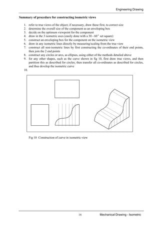 Engineering Drawing
16 Mechanical Drawing - Isometric
Summary of procedure for constructing isometric views
1. refer to true views of the object; if necessary, draw these first, to correct size
2. determine the overall size of the component as an enveloping box
3. decide on the optimum viewpoint for the component
4. draw in the 3 isometric axes (easily done with a 30 - 60° set square)
5. construct an enveloping box for the component on the isometric view
6. draw in any isometric lines directly by measuring/scaling from the true view
7. construct all non-isometric lines by first constructing the co-ordinates of their end points,
then join the 2 end points
8. construct any circles or arcs, as ellipses, using either of the methods detailed above
9. for any other shapes, such as the curve shown in fig 10, first draw true views, and then
partition this as described for circles; then transfer all co-ordinates as described for circles,
and thus develop the isometric curve
10.
Fig 10 Construction of curve in isometric view
 