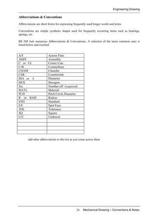Engineering Drawing
26 Mechanical Drawing – Conventions & Notes
Abbreviations & Conventions
Abbreviations are short forms for expressing frequently used longer words and terms
Conventions are simple symbolic shapes used for frequently occurring items such as bearings,
springs, etc.
BS 308 lists numerous Abbreviations & Conventions. A selection of the more common ones is
listed below and overleaf.
A/F Across Flats
ASSY Assembly
C or CL Centre Line
C/B Counterbore
CHAM Chamfer
CSK Countersink
DIA or Φ Diameter
HEX Hexagon
No. Number off (required)
MATL Material
PCD Pitch Circle Diameter
R or RAD Radius
STD Standard
S/F Spot Face
TOL Tolerance
SQ Square
U/C Undercut
add other abbreviations to this list as you come across them
 