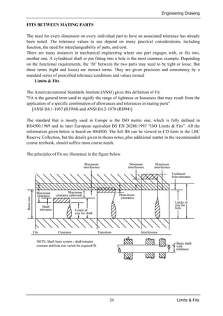 FITS BE
The nee
been no
function
There a
another
on the f
these te
standard
Lim
The Am
"Fit is th
applicat
[ANS
The stan
BS4500
informat
Reserve
course t
The prin
ETWEEN M
ed for every
oted. The t
n, the need fo
are many in
one. A cylin
functional re
erms (tight a
d series of pr
mits & Fits.
merican natio
he general t
ion of a spec
SI B4.1-196
ndard that
0:1969 and i
tion given b
e Collection,
extbook, sho
nciples of Fi
MATING P
dimension
olerance va
for interchan
nstances in m
ndrical shaf
equirements
and loose)
rescribed tol
onal Standar
term used to
cific combin
67 (R1994) a
is mostly u
its later Eur
below is bas
, but the deta
ould suffice
it are illustra
PARTS
on every in
alues to use
ngeability of
mechanical
ft or pin fitti
, the ‘fit’ be
are inexact
lerance cond
rds Institute
o signify the
nation of allo
and ANSI B
used in Eur
ropean equiv
sed on BS45
ails given in
most course
ated in the fi
29
dividual par
e depend o
f parts, and c
engineering
ing into a ho
etween the t
terms. The
ditions and v
(ANSI) give
e range of tig
owances and
4.2-1978 (R
rope is the
valent BS E
500. The ful
n theses note
e needs.
igure below.
rt to have an
on many pr
cost.
g where one
ole is the m
two parts m
ey are given
values terme
es this defin
ghtness or lo
d tolerances
Rl994)].
ISO metric
EN 20286:19
ll BS can be
es, plus addi
.
n associated
ractical con
e part engag
most common
may need to
n precision
ed
ition of Fit.
ooseness tha
s in mating p
c one, whic
993 “ISO L
e viewed in
itional matte
Engineerin
Lim
d tolerance h
nsiderations,
ges with, o
n example. D
be tight or
and consist
at may resul
parts"
ch is fully
Limits & Fit
n CD form in
er in the reco
g Drawing
mits & Fits
has already
including
r fits into,
Depending
loose. But
tency by a
lt from the
defined in
s”. All the
n the LRC
ommended
 
