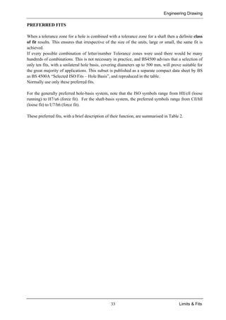Engineering Drawing
33 Limits & Fits
PREFERRED FITS
When a tolerance zone for a hole is combined with a tolerance zone for a shaft then a definite class
of fit results. This ensures that irrespective of the size of the units, large or small, the same fit is
achieved.
If every possible combination of letter/number Tolerance zones were used there would be many
hundreds of combinations. This is not necessary in practice, and BS4500 advises that a selection of
only ten fits, with a unilateral hole basis, covering diameters up to 500 mm, will prove suitable for
the great majority of applications. This subset is published as a separate compact data sheet by BS
as BS 4500A “Selected ISO Fits – Hole Basis”, and reproduced in the table.
Normally use only these preferred fits.
For the generally preferred hole-basis system, note that the ISO symbols range from Hll/cll (loose
running) to H7/u6 (force fit). For the shaft-basis system, the preferred symbols range from Cll/hll
(loose fit) to U7/h6 (force fit).
These preferred fits, with a brief description of their function, are summarised in Table 2.
 