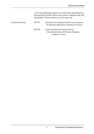 Engineering Drawing
4 Introduction to Engineering Drawing
* this long-established standard has recently been superceded by an
ISO equivalent BS 8888. Much of the content is identical to BS 308,
and doubtless 308 will continue in use for some time.
Schematic drawing: BS 2917 Specification for Graphical Symbols used on diagrams
for Hydraulic &Pneumatic Transmission Systems
BS 3939 Guide to Symbols for Electrical Power,
Telecommunications & Electronic Diagrams
- comprises 13 parts
 