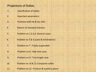 Projections of Solids:
1. Classification of Solids:
2. Important parameters:
3. Positions with Hp & Vp: Info:
4. Pattern of Standard Solution.
5. Problem no 1,2,3,4: General cases:
6. Problem no 5 & 6 (cube & tetrahedron)
7. Problem no 7 : Freely suspended:
8. Problem no 8 : Side view case:
9. Problem no 9 : True length case:
10. Problem no 10 & 11 Composite solids:
11. Problem no 12 : Frustum & auxiliary plane:
 